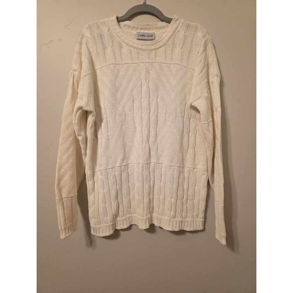 Vintage White Cable Knit Sweater 100% Cotton Cozy Cottagecore (M)